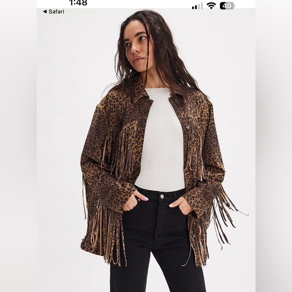 Free People Leopard Fringe Jacket in Brown